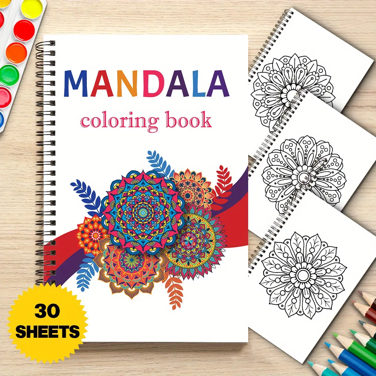 1pc mandala pattern adult coloring book, adult mandala coloring book, spiral bound adult coloring book, A5 size, single sided printing, adult coloring book, suitable for women and men, relaxing adult coloring book, Sheets, Art Drawing