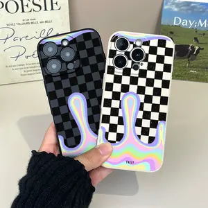 Aesthetic Melting Checkerboard Liquid Drip TPU Phone Case fits iPhone 17 Pro Max 16 Pro Max 15 Plus 14Pro 13 12 11 XS Max XS XR & Samsung Galaxy S25 Ultra S24 Plus S23 Shockproof Protective Casing Pastel Wavy Swirl Design