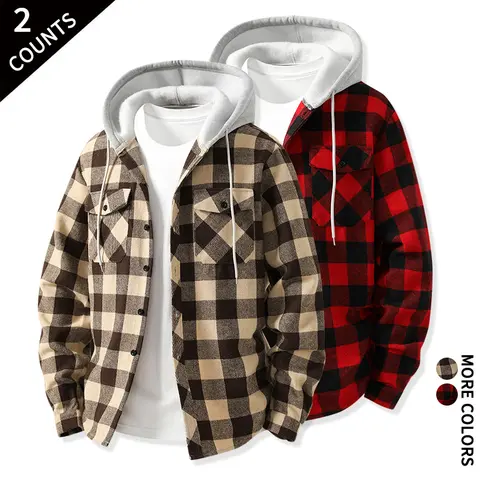 Men's 2-Pack Checked Hooded Flannel Shacket - Button Down Long Sleeve Casual Fit Outerwear, Oversized Coat for Fall Winter Daily Look Outdoor Use
