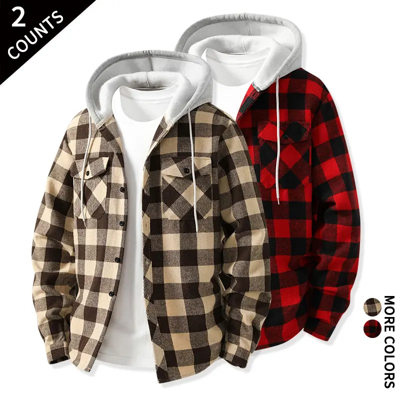 Men 2 Pack Hooded Plaid Flannel Shirt Jacket Button Down Long Sleeve Shacket Casual Oversized Hoodie Coat for Fall Winter Daily Outdoor Streetwear