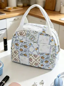 Floral Patchwork Quilted Durable Lunch Bag, Women's Insulated Warm Tote Bag, Portable Storage Bag for Work, School, Picnic, Lunch Bags Women, Lunch Box Bag, Cute Bento Bags, Thermal Bag