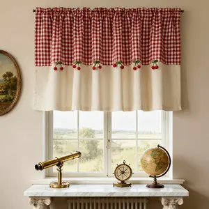 1 PC Red and Beige Oven Curtain Vintage Plaid Kitchen Curtain Valance for Small Window Dishwasher Door Farmhouse Stove Curtain Half Window Curtains Cherry Pom Poms Valance Curtain Rustic Short Tier Cafe Curtain Rod Pocket