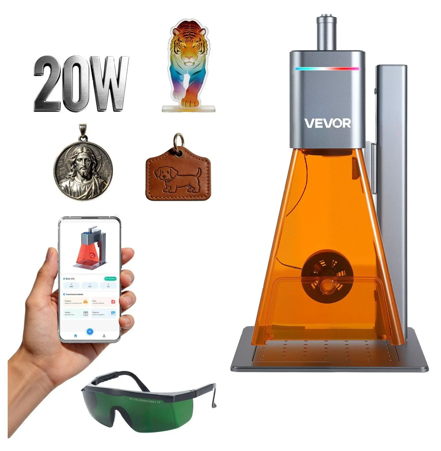 Dual Laser Engraver 20W/2W, 10,000mm/s High Speed Portable Laser Engraving Machine, 6.3x5.5in, Auto/Manual Focus, for Wood, Acrylic, Metal DIY Projects Default