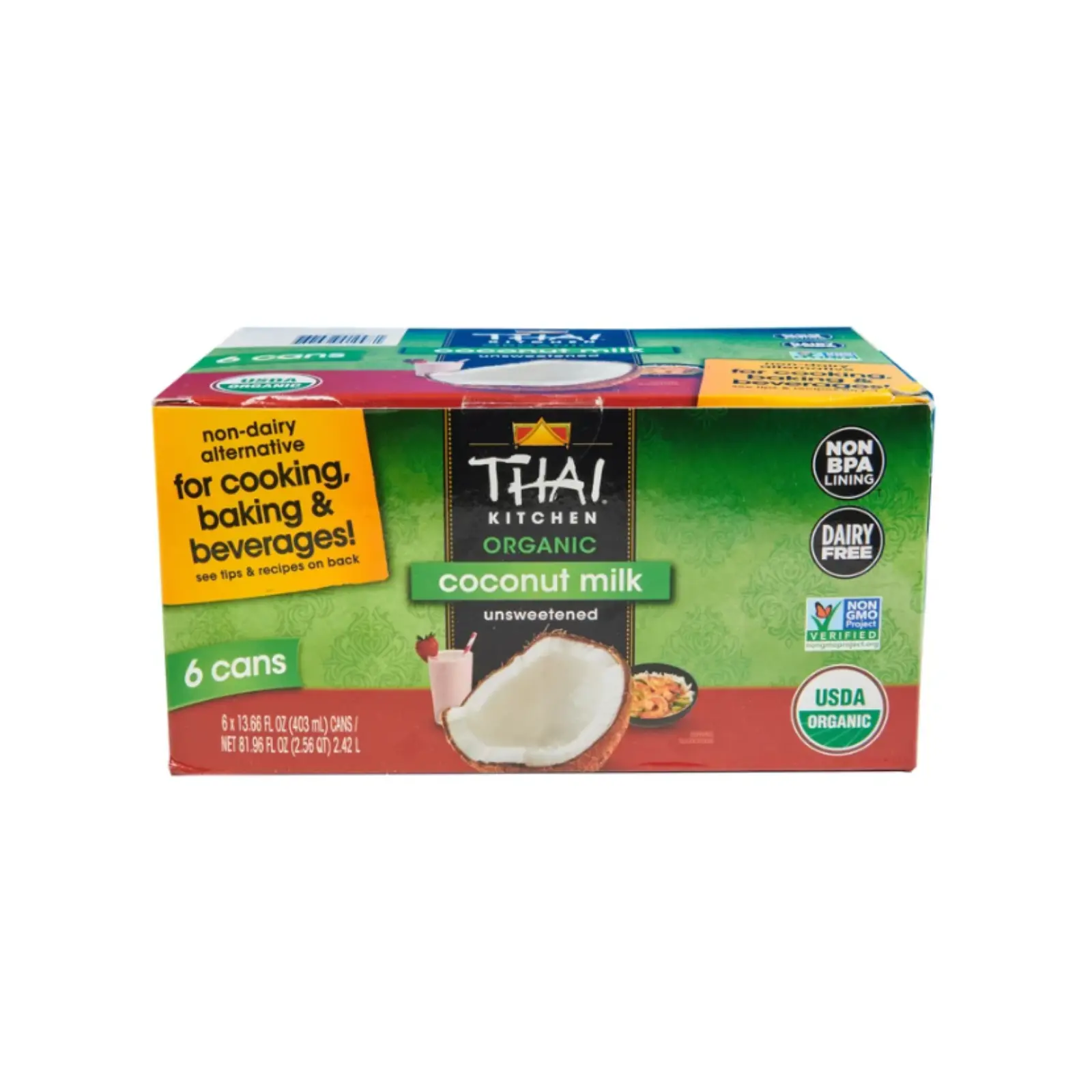 Thai Kitchen Organic Unsweetened Coconut Milk, 13.66 fl oz, 6-Count Non-Dairy Milk for Cooking, Baking