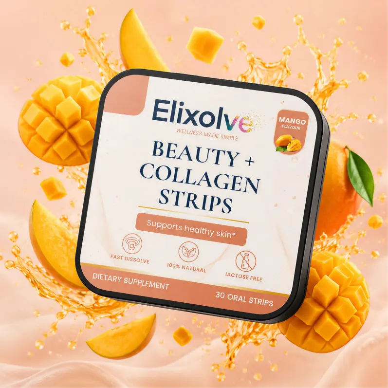 Elixolve Beauty & Collagen Oral Strips - Mango Flavor, 30 Count, Cruelty-Free, GMO-Free, Supports Skin Health, for Adults, Nail Support Supplement