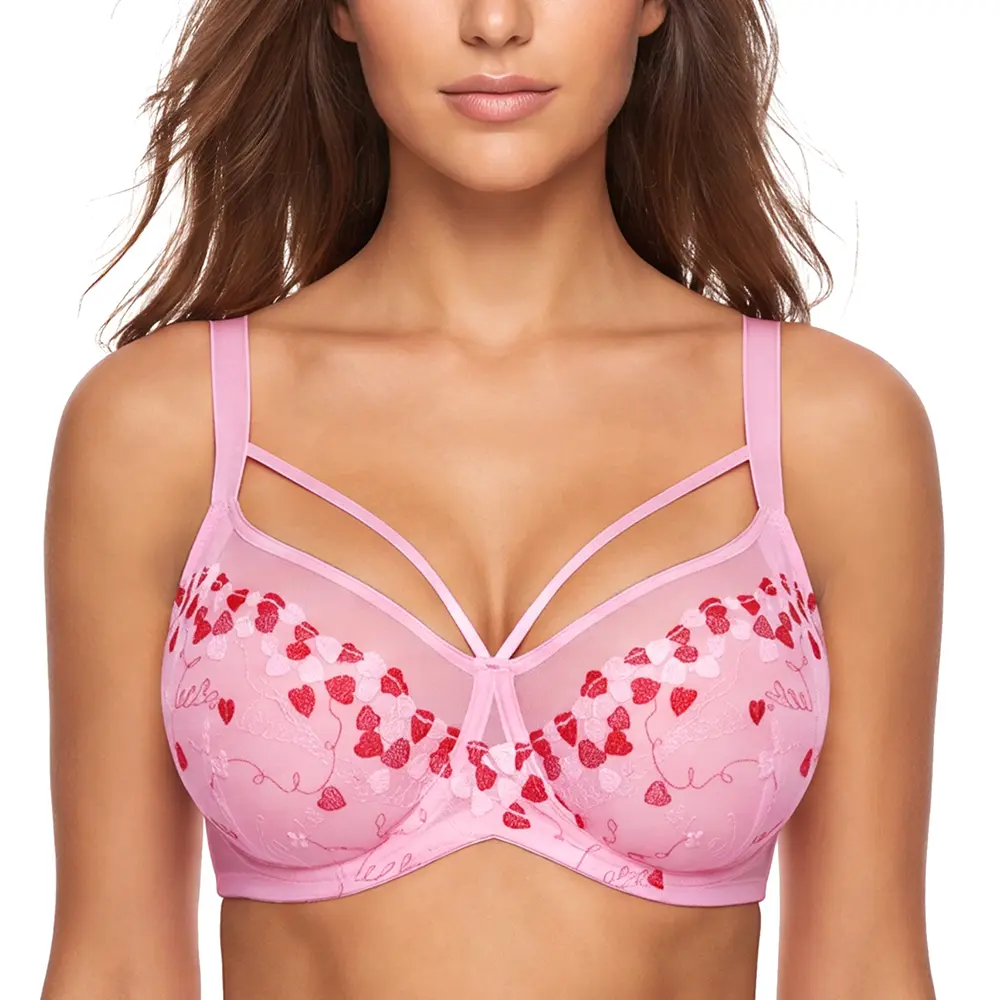HSIA Renna Sheer Mesh Lace Embroidery Underwire Bra Sexy Heart Bow Applique 3/4 Cup Lifting Support Lightweight Mesh Bra Flirty Decorative Straps Comfort Fit Daily Lingerie Date Night Party Bras for Big Bust Women