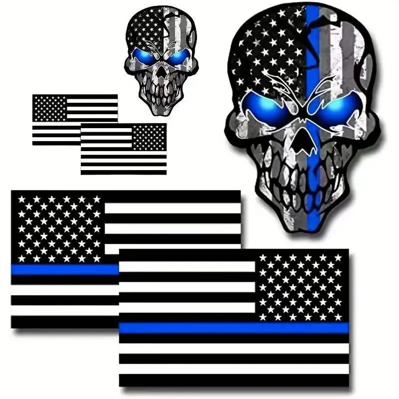 OTOKIT Thin Blue Line 3-in-1 Patriotic Bumper Sticker Pack - 4x4 in Black American Flag, Skull Vinyl Decals, Bold Durable Weatherproof Car Stickers for Car, Laptop, BPA-Free Automotive Exterior Accessory, Pride, Independence Day, American Flag Decal Car S
