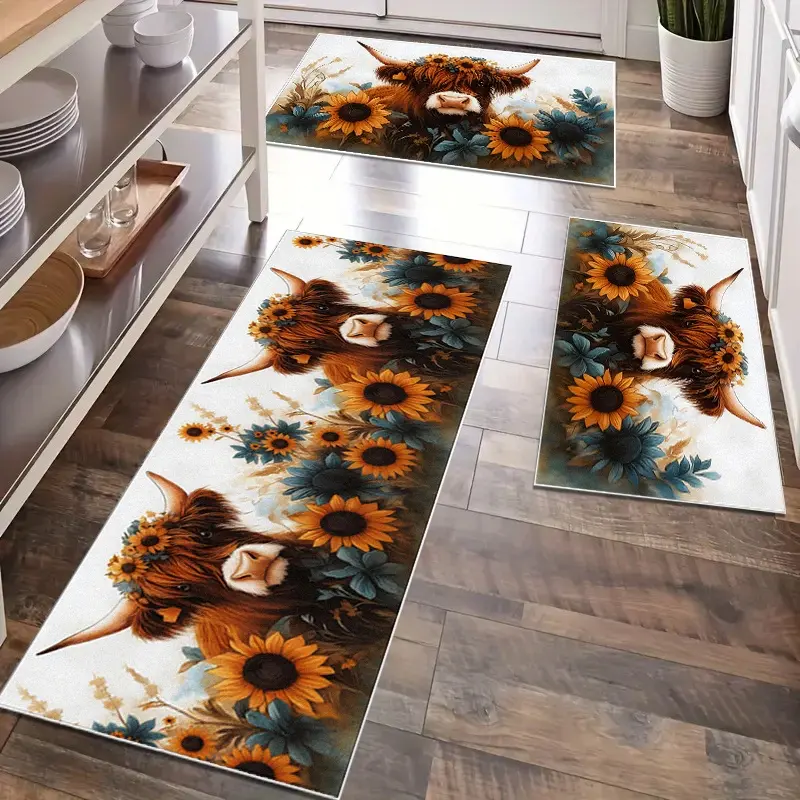 Highland Cow Sunflower Print Kitchen Area Rug, Kitchen Rugs, Vintage Floral Home Decor, Non-Slip Soft Washable Carpet for Entryway Bathroom Bedroom Balcony Laundry Room