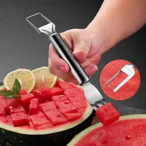 Watermelon Fork Slicer Tool, 2-in-1 Stainless Steel Fruit Cutter, Dual Head Fruit Forks Slicer Knife with Round Handle, Fruit Cutting Kitchen Utensils, Portable Modern Essential