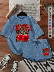 Two-Piece Set Women's Cherry Print Tee & Leopard Print Shorts, Casual Short Sleeve T-shirt & Shorts, Ladies Summer Clothes for Daily Wear, Suits, Casual Lounge Set