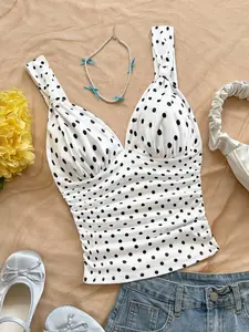 Women's Knitted Polka Dot Deep V Backless Lightweight Short Top, Sexy Elegant Ruched Slim Fit Sleeveless Casual Blouse, Perfect for Vacation & Daily Wear Womenswear