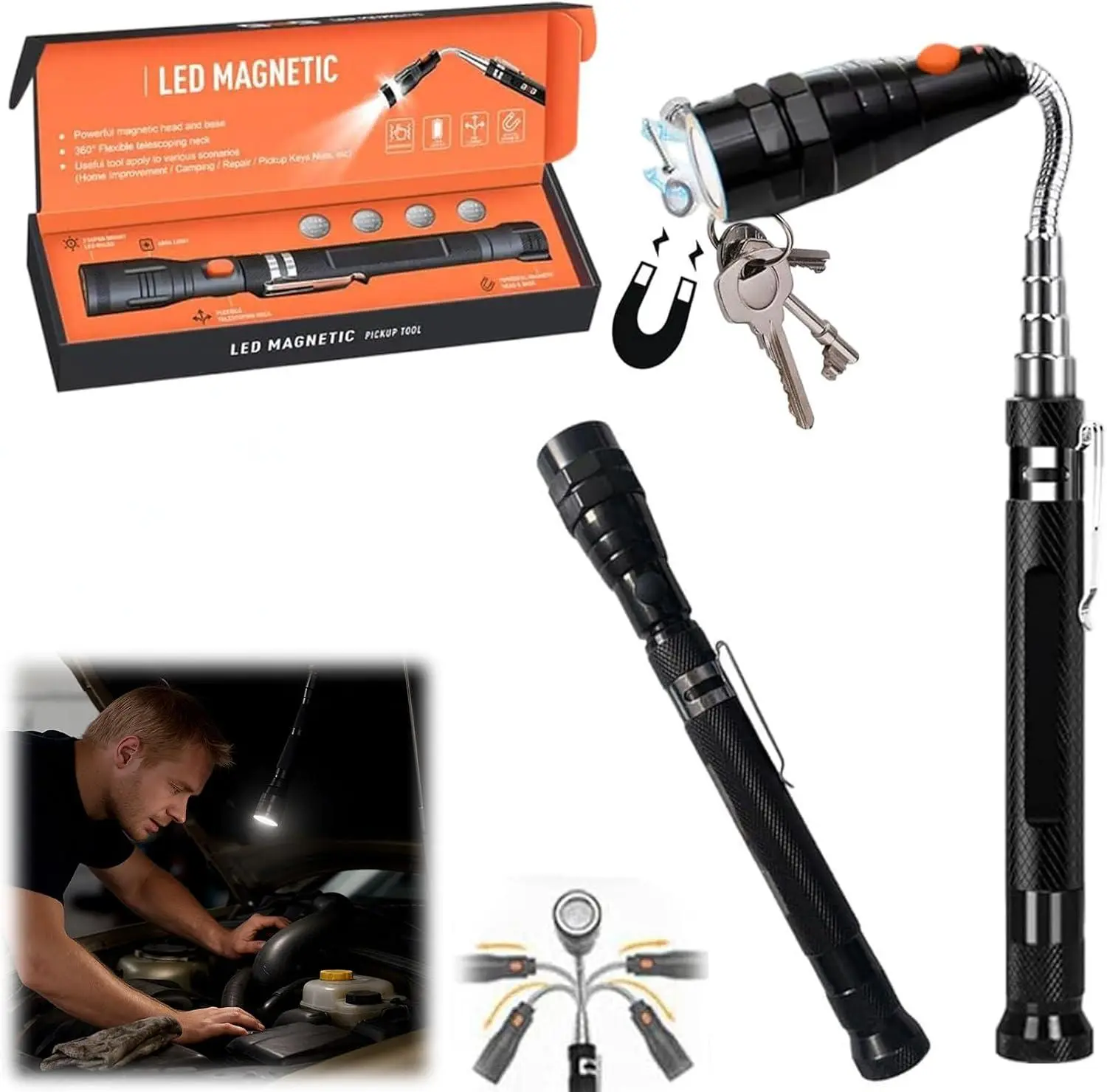 Extendable Magnetic Flashlight, Telescoping Magnet Pickup Tool, Black Portable Mechanic Gadget, Ideal Gift For Dad, Husband, Him, Teen Boys