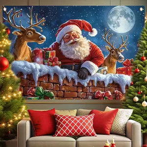 Durable Polyester 1-Piece 2D Flat Christmas Party Banner, Santa Print Festive Home & Birthday Decor Supplies, Wall Hanging Backdrop for Holiday Living Room Decor