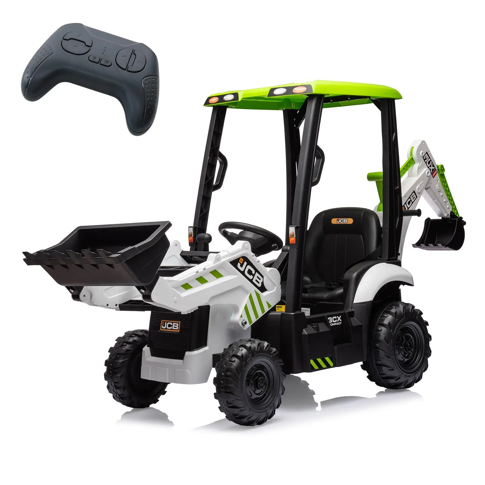 GARVEE 4-in-1 Function 12V Rechargeable Construction Ride On Tractor Excavator Toy with JCB Logo for 3+ Years, Remote Control Parent Mode, Digger, Front Loader, Horn, Durable Adjustable White Seat, Ethylene Vinyl Acetate (EVA) Build, Ride On Bulldozer, Ri