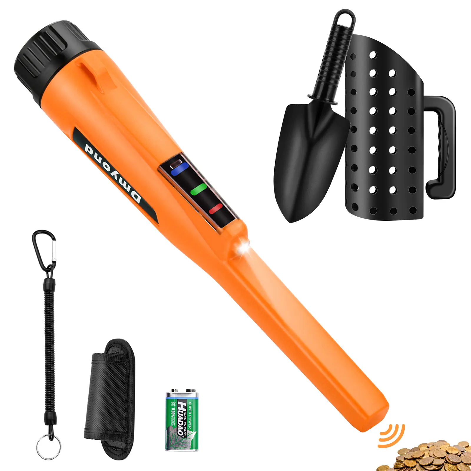 Dmyond IP68 Full Waterproof Handheld Metal Detector Pinpointer with ABS, Handheld Grip, Rechargeable Batteries, High Sensitivity - 3 Modes, Sound & Vibration Alerts, 3 in Detection, Sand Sifter Scoop & Shovel for Beach Digging, Treasure Hunting, Rechargea