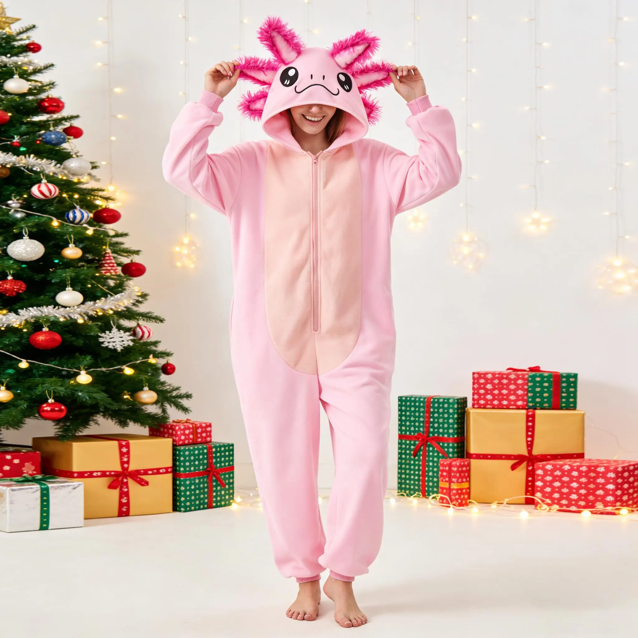 Women's Cute Axolotl Embroidery Knitted Polyester Loungewear Onesie - Oversized Long Sleeve Hooded Zip Nightwear Pajamas, Baggy Comfortable Fit for Cosplay