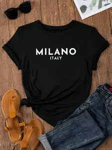 Women's Feminine Letter Print Round Neck Tee, Simple Casual Comfort Fitted Crew Neck Short Sleeve T-Shirt for Daily Outdoor Wear, Ladies Summer Outfit, Summer Outfits 2024, Womenswear
