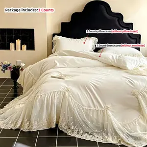 Princess Style Lace Bedding Set, 3pcs Includes 1 Ruffled Duvet Cover and 2 Pillowcases, Soft Fabric, Zipper Design, All Seasons, Soft Bedding Sets, Decorative Bedding Set