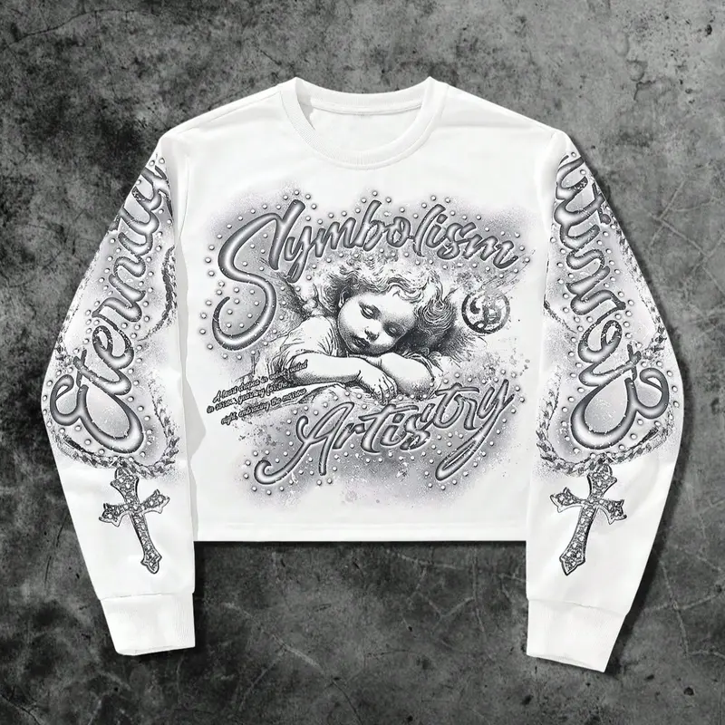Men's Graphic Crewneck Sweatshirt with Letter and Cross Print, Loose-Fitting Fall & Winter Pullover, Casual Angel Design Long Sleeve Top