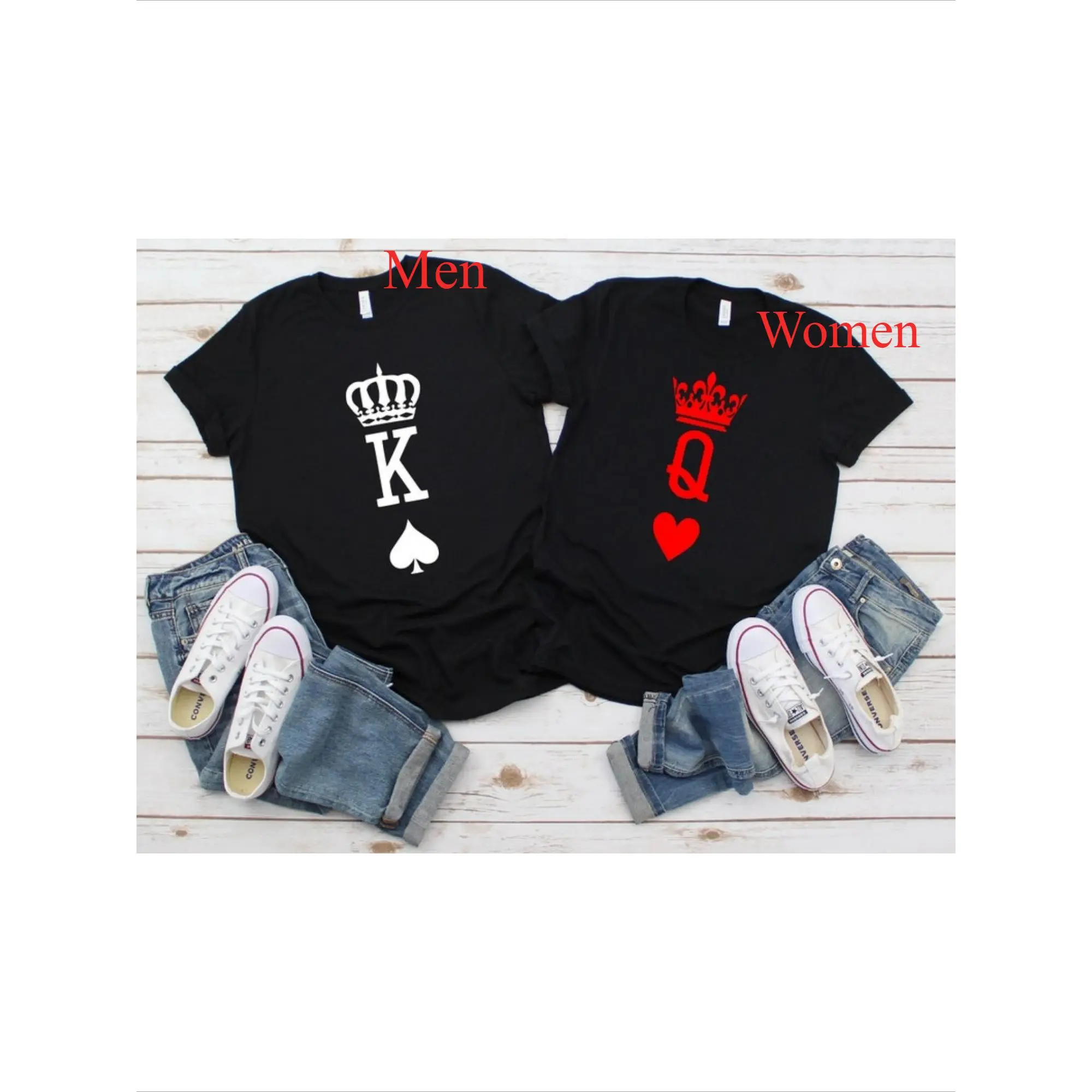 Men's King & Queen of Spades-Hearts Couple T-Shirts, Short Sleeve, Round Neck, Fitted Fit, Soft Cotton Fashion Knitted Fabric, Comfortable All-Season Casual Tops, Shortsleeve, Clothes, Matching Bf And Gf, Heat Transfer