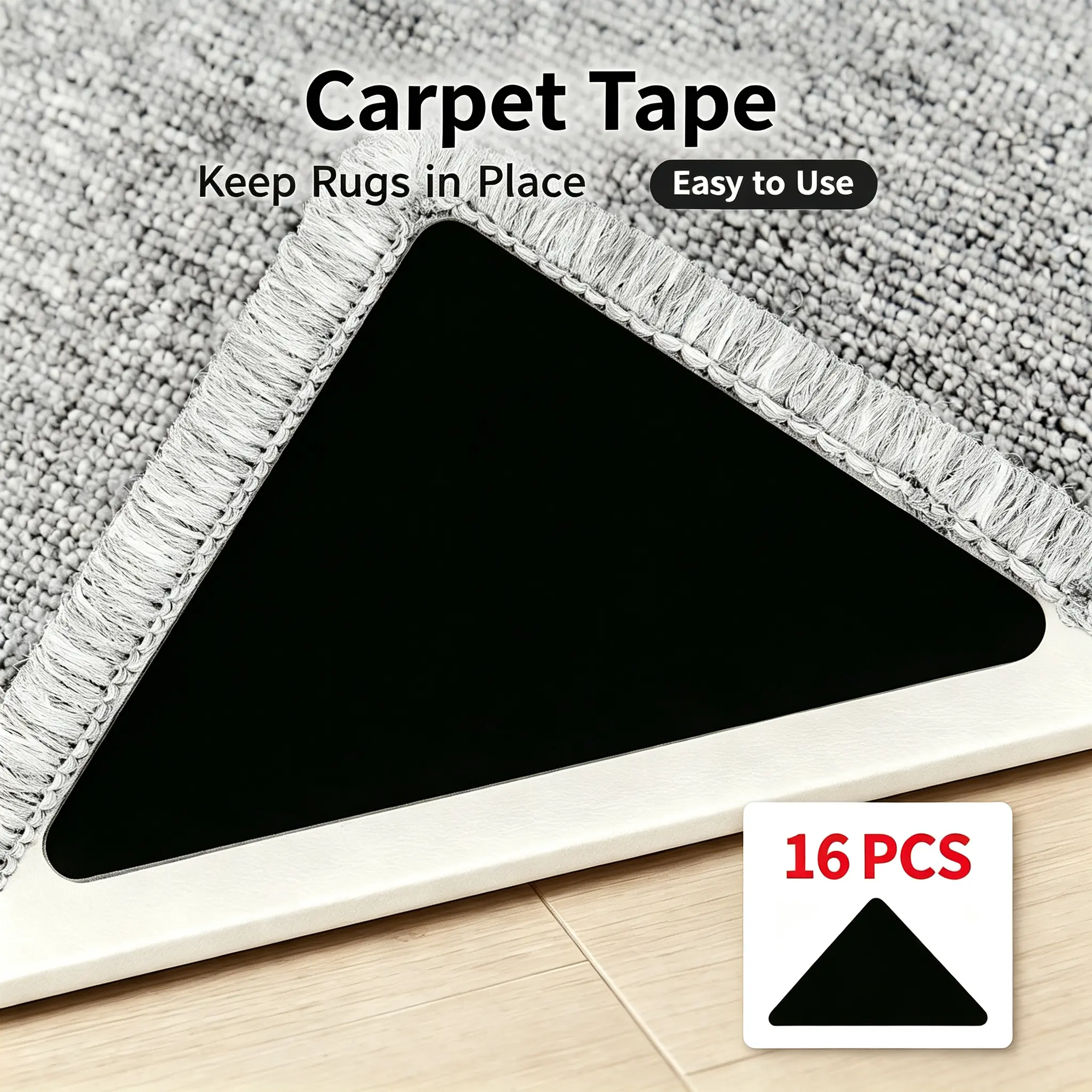 16 Pcs Rug Tape, Non Slip Rug Pads Grippers for Hardwood Floors and Tiles, Reusable Carpet Tape for Area Rugs, Double-Sided Adhesive Rug Stickers Keep Corners Flat (Black)