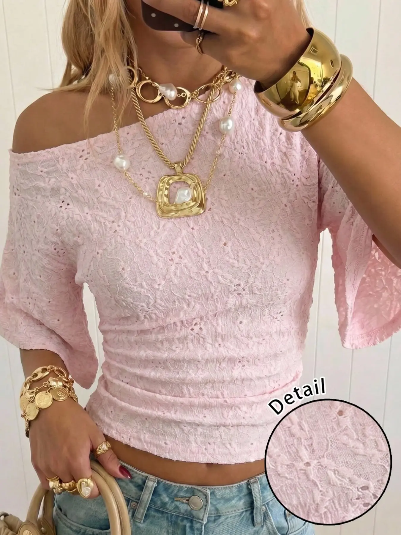 Pink Lace Off Shoulder Top Y2K Fairycore All Seasons Blouse Shirts Slim Fit Stretch Knit Tee Cute Coquette Casual Streetwear Going Out Top Soft Breathable Textured Fabric Trendy Summer Outfit for Women Viral TikTok Fashion