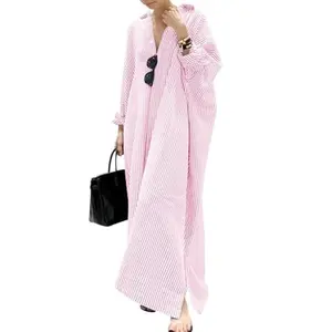 Chouyatou Women's Casual Long Sleeve Button Down Loose Striped Cotton Maxi Shirt Dress Grey Caftan Comfy Basic Batwing Sleeves Breathable Lightweight Beach Clothes Womenswear Bikini Elegant Fit