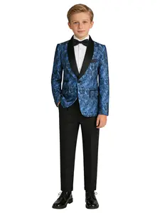 Luxury 3-Piece Boys Jacquard Satin Lapel Tuxedo Set (Blazer + Pants + Bow Tie) | Silver/Blue | Ideal for Weddings, Graduations & Parties (Shirt Not Included) - 24216