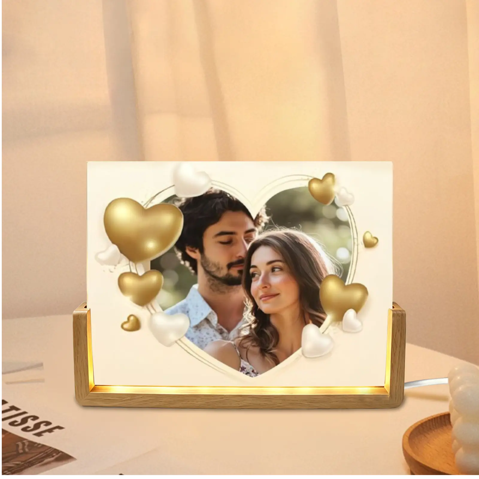 BARLEY ONE Click Shop Chat, Send Photo, Specialty Photo Frame, Personalized LED Acrylic Picture Frame, Custom Photo Display Frame with Light or Dark Wood Base, Horizontal 8x6 Memory Frame, Anniversary Wedding Birthday Holiday Gift for Couples, Her, Him