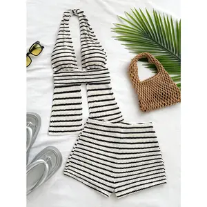 LUSHY x Soleia 2pcs/Set Women Sexy Backless Striped Pattern Halter Crop Top And Shorts, Vacation Style
