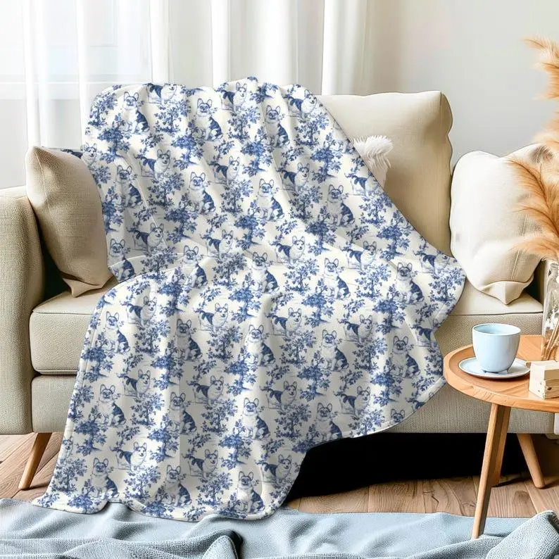 Corgi French Toile Blanket, Flannel Blue Toile de Jouy Cozy Throw for Corgi Lovers, Toile Pattern Plush Blanket Gift for Dog Lovers