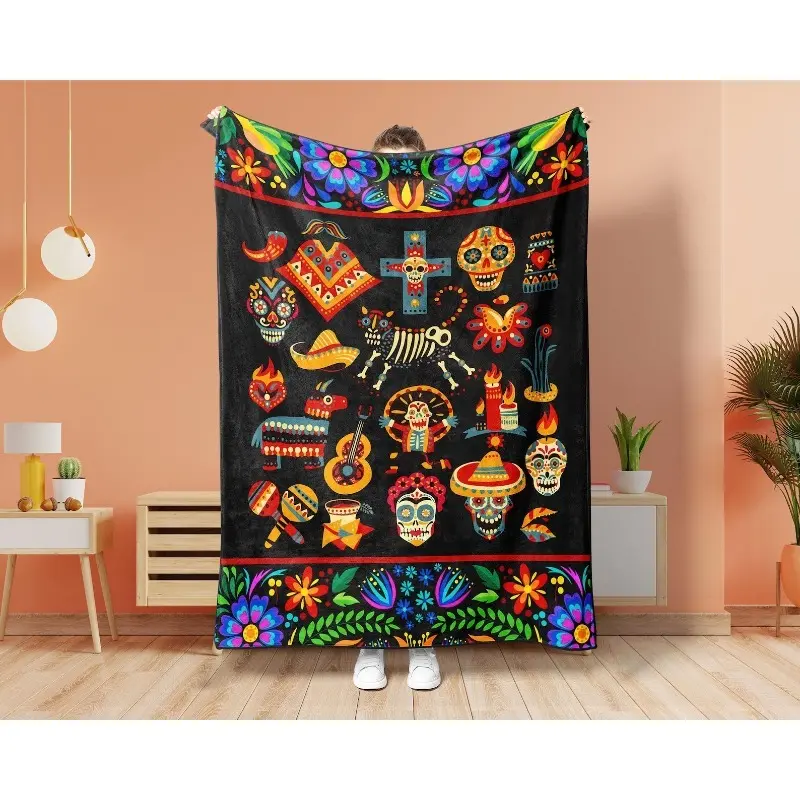 Mexican Holiday Day Of Dead Blanket, Mexico Blanket, Dead Day Blanket, Sugar Skull Blanket, Culture Blanket, Adventure Travel Blanket, Día de los Muertos Day of the Dead Flannel Throw Blanket Soft Plush Cozy Blanket for Sofa Bed Couch Home Decor Gift