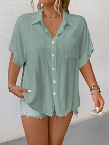 Plus Size Women's Summer Must-Have, Mint Folded Short Sleeve Loose Shirt, Blouse, Chest Pockets, Breathable, Boho Style, Perfect for Casual Outing, Fit, Womenswear
