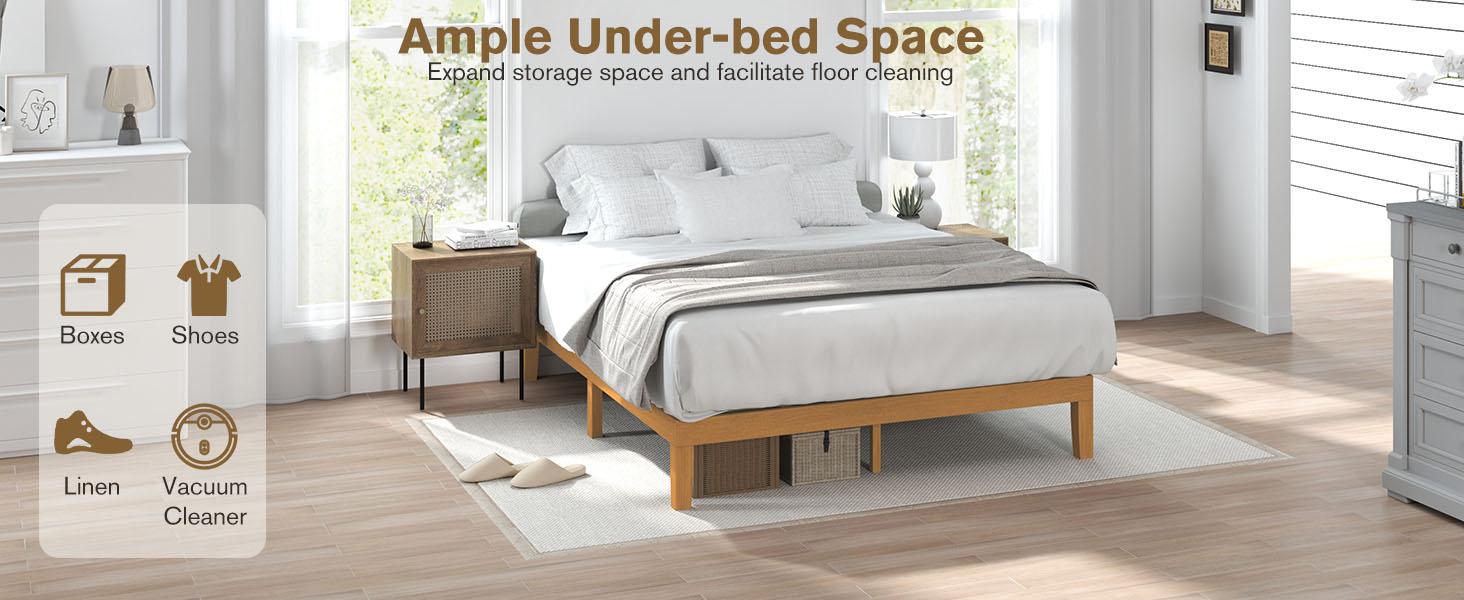 Queen Size Wood Bed Frame, 12in Platform Mattress Foundation with Support Slats, Natural Pine Color, Easy Assembly, No Spring Needed