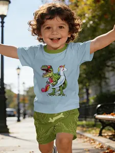 Summer Party Dinosaur Digital Print Fun Playful Toddler Short Sleeve Set, Baby Clothes, Baby Casual Children's Clothing, T-Shirt Suitable for Daily, Active Play and Outdoor Sports, 100% Polyester, Durability, Gift for Infants and Toddlers