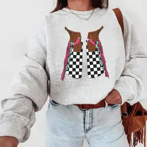 Checkered Chaps Sweatshirt, western clothing, western tops, western outfits women, western cowgirl stuff, punchy western wear, country girl stuff clothing clothes, women's graphic tees, sweatshirts for women, rodeo outfits, western sweatshirts for women