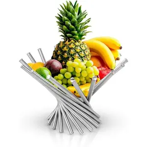 Fruit Bowl for Kitchen Counter, Folded Large Fruit Basket Stainless Steel Rotating Fruits Holder for Table Centerpiece Morden Decorative Fruit Bowls Fruit Stand Creative Home Decor Storage Organizer