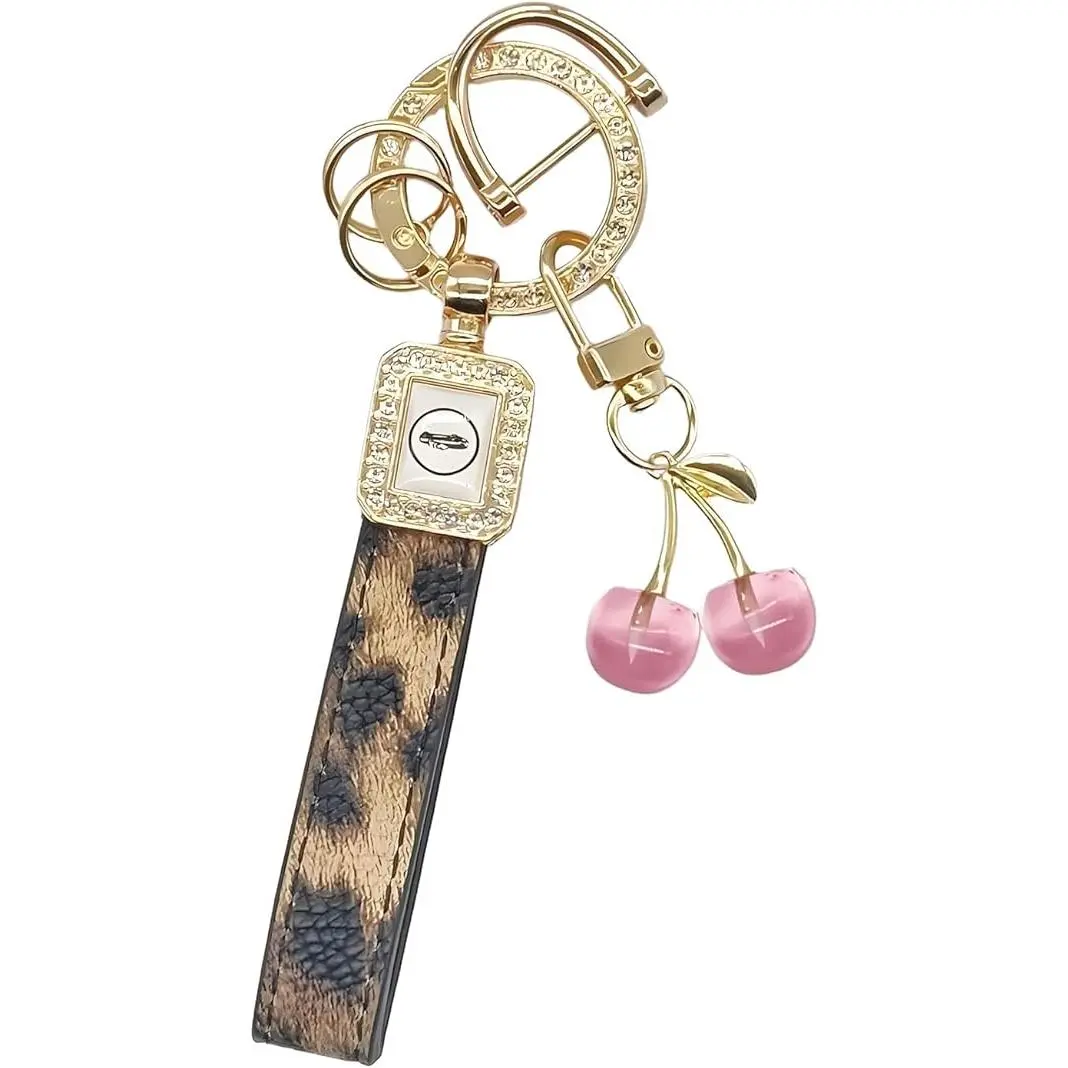 BloomWish B Aesthetic Cherry Charm Leather Strap Keychain, Wristlet Strap Key Accessory for Women, Cute Purse Bag Charm Key Fob Holder with Keyrings Gift