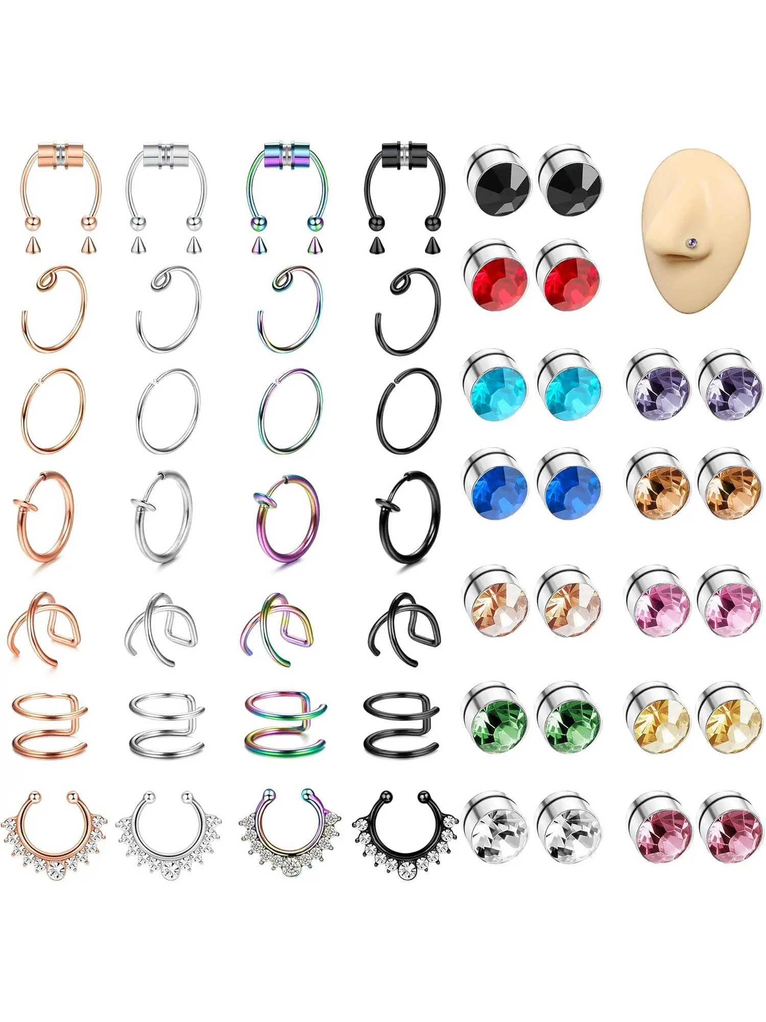 52 Pcs Colorful Fake Nose Rings Hoops Set Body Jewelry for Women Men Premium Stainless Steel Alloy Magnetic Clip-on Non-piercing Design for Effortless Wear Fashionable Assorted Kit Rich Vibrant Colors Diverse Classic Styles Realistic Nose Piercing Looks
