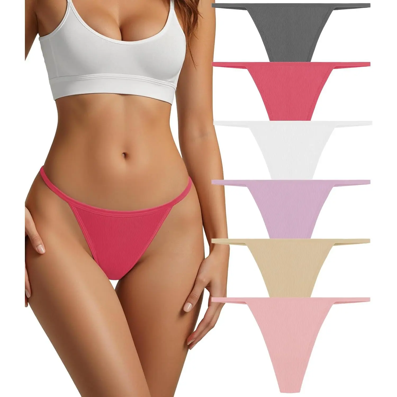 Women's Cotton Lingerie 6-Pack Lacy Seamless Thongs, Elastane-Blend Low-Rise T-Back Panties, Breathable Solid Plain G-String with Comfortable Stretch, Assorted Styles