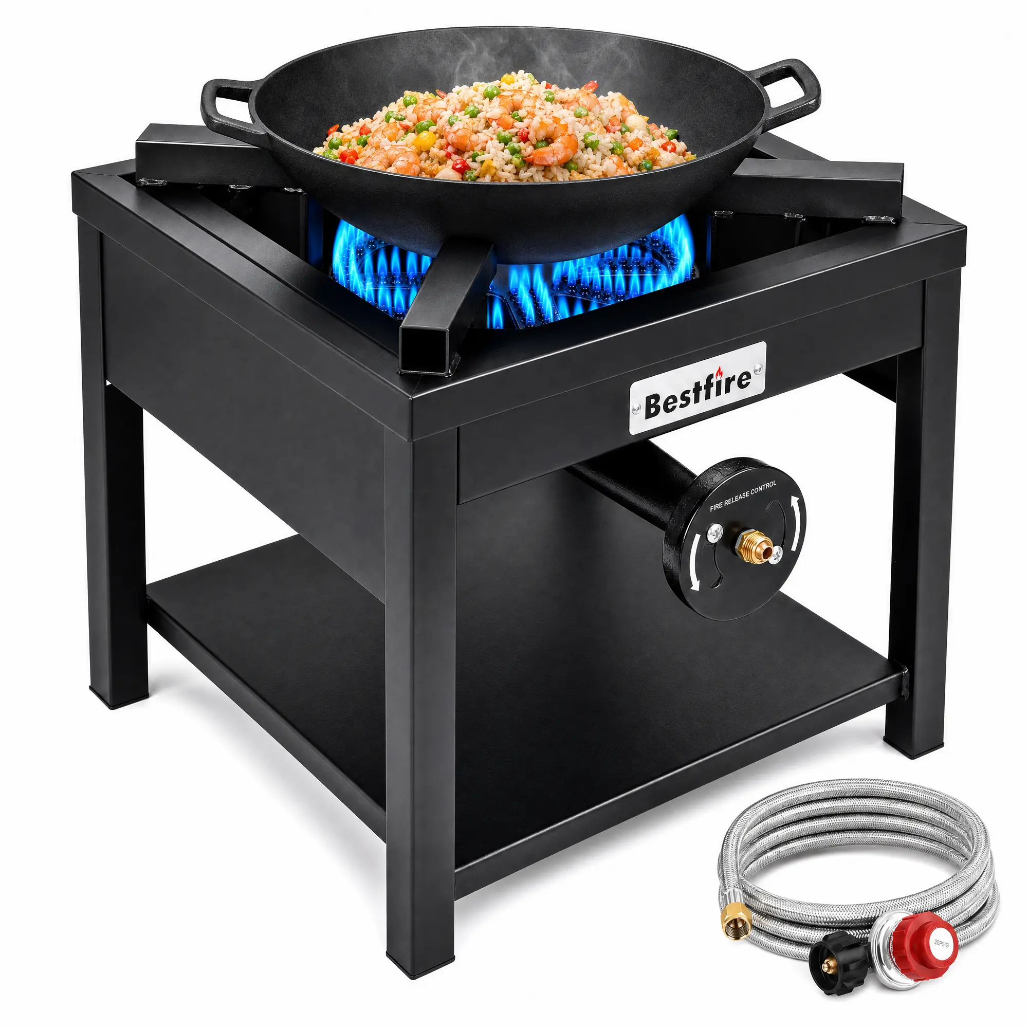 BESTFIRE 260K BTU Heavy-Duty Outdoor Propane Gas Stove | High-Pressure Camping Burner with 0-20 PSI Regulator & Steel Hose for Turkey Frying & Home Cooking gas bbq camp home patio backyard brewing picnic cooker