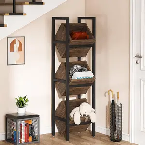 Tribesigns 3-Tier Wood Snack Rack with Baskets for Kitchen, Bathroom & Living Room, Rustic Vertical Fruit Stand Organizer