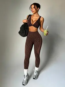 Dewbera 1 Set Women Leopard Print Twist Cross Yoga Running Fitness Exercise Sports Bra And Leggings Suit