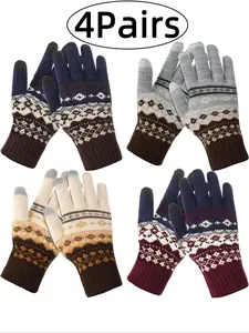 4Pairs-Winter Knitted Gloves, Warm Touchscreen Compatible Full Finger Mitts, Unisex Fleece Lined Handwear for Men & Women