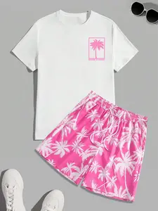 Men's Summer Casual Tropical Beach, Coconut Tree Print Round Neck T-Shirt & Random Pattern Shorts Set, Outfit, Fitted Lightweight Fabric for Hot Weather