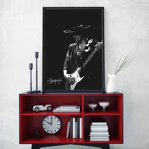 Stevie Ray Vaughan with signature Print - Guitarist Wall Art - Rock Music Poster - Double Trouble Printed Artwork - Black White Design