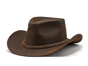 HADZAM Men and Women Brown Genuine Leather Shapeable Western Outback Cowboy Hat