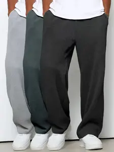 Men's Solid Waffle Knit Drawstring Waist Straight Leg Pants, Regular Fit Casual Comfy Pocket Trousers for Spring & Fall, Men's Bottoms for Daily Wear Fitted
