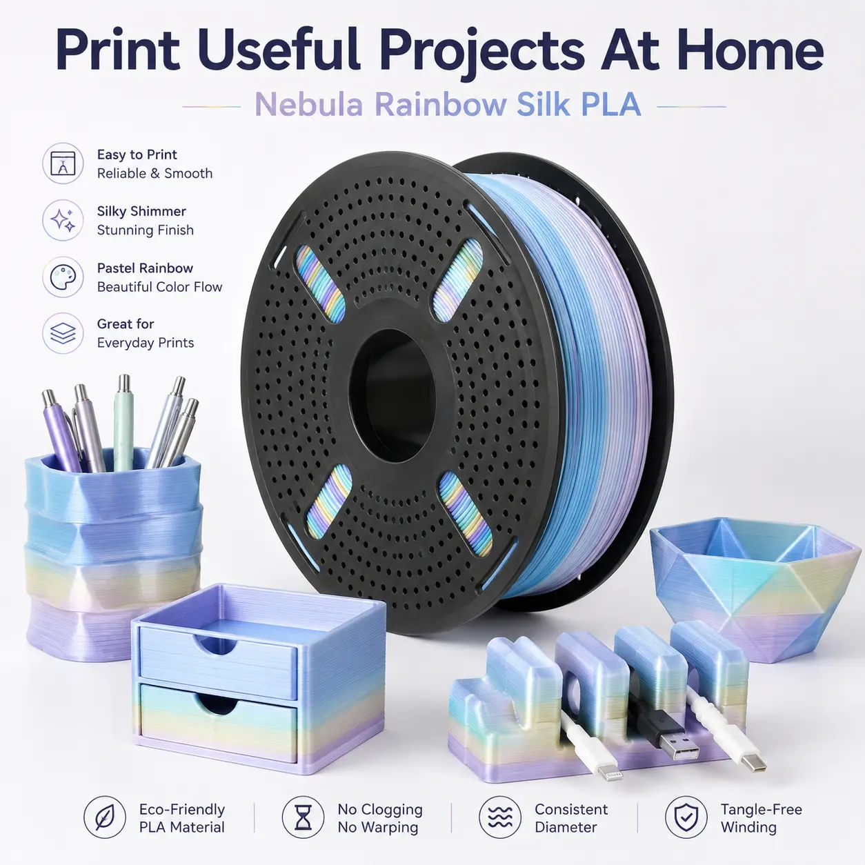 （approx. 2.5 lb）PLA 3D printer filament, fine strands, 1.75 mm diameter, 0.02 mm high precision, odorless, easy feed, anti-clogging – Nebula Rainbow – smooth performance, strong layer adhesion, compatible with FDM printers, suitable for beginners (2481),