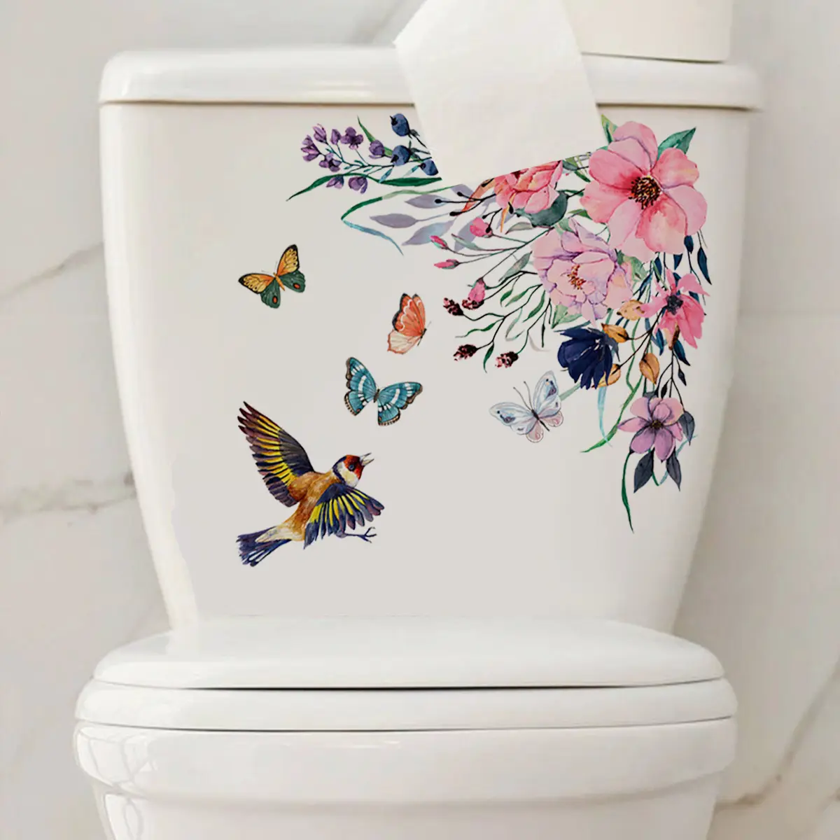 A fun bathroom accessory toilet sticker featuring flowers, birds, and butterflies, a decorative sticker for bathroom toilet beautification, Bathroom Decorations, Bathroom Decor Supplies - MS052